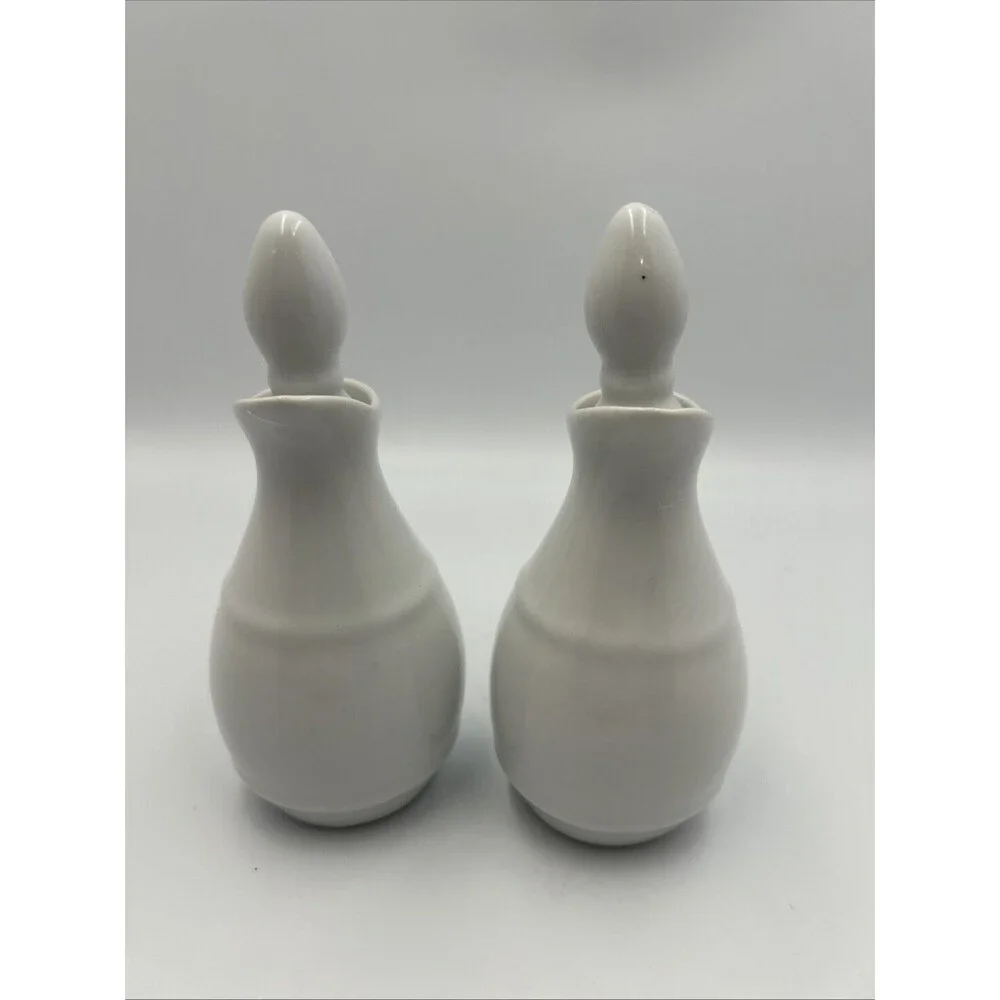 Pillivuyt Barrel Oil Vinegar Cruet Set 2 White Porcelain France w/Stoppers - EUC